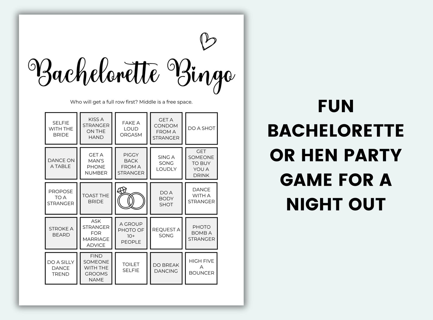 Bachelorette Bingo game sheet with black text on a white background