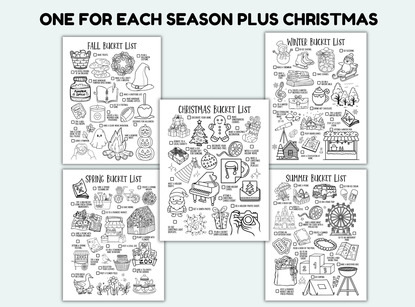Set of four bucket list posters for different seasons with Christmas theme.