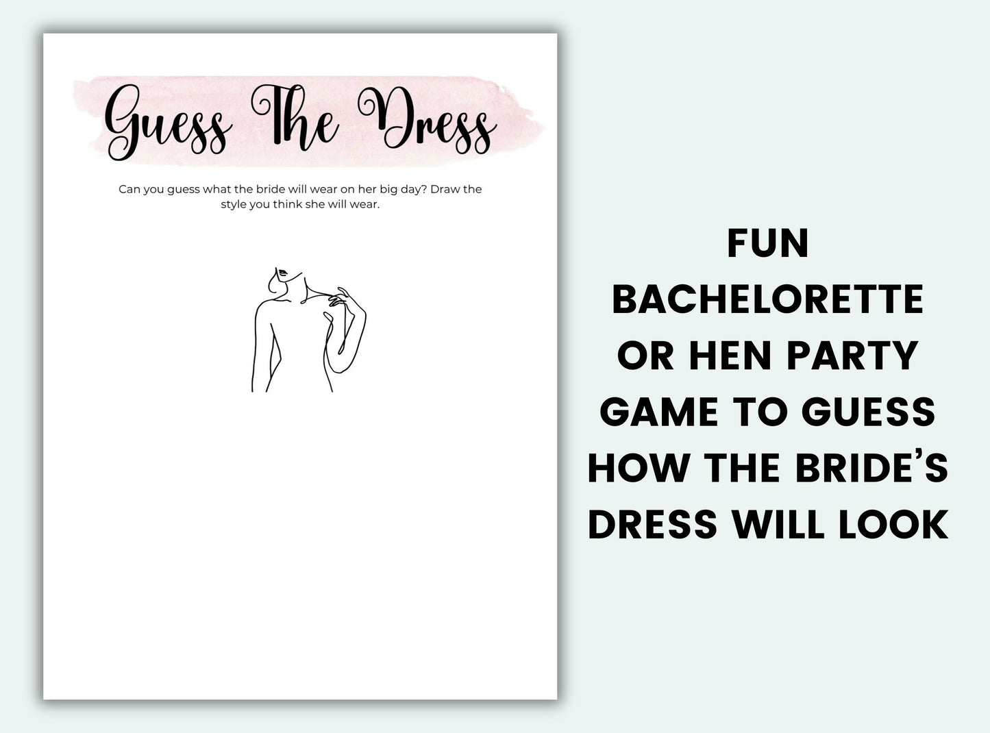 Bachelorette party game card titled 'Guess the Dress' on a white background