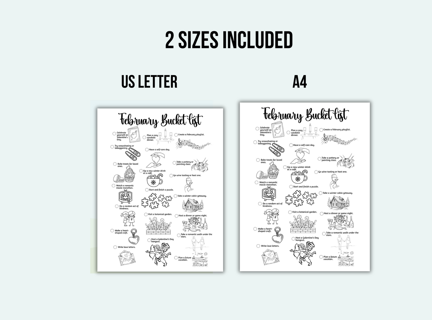 Two February bucket list posters, one US Letter size and one A4 size, on a white background.