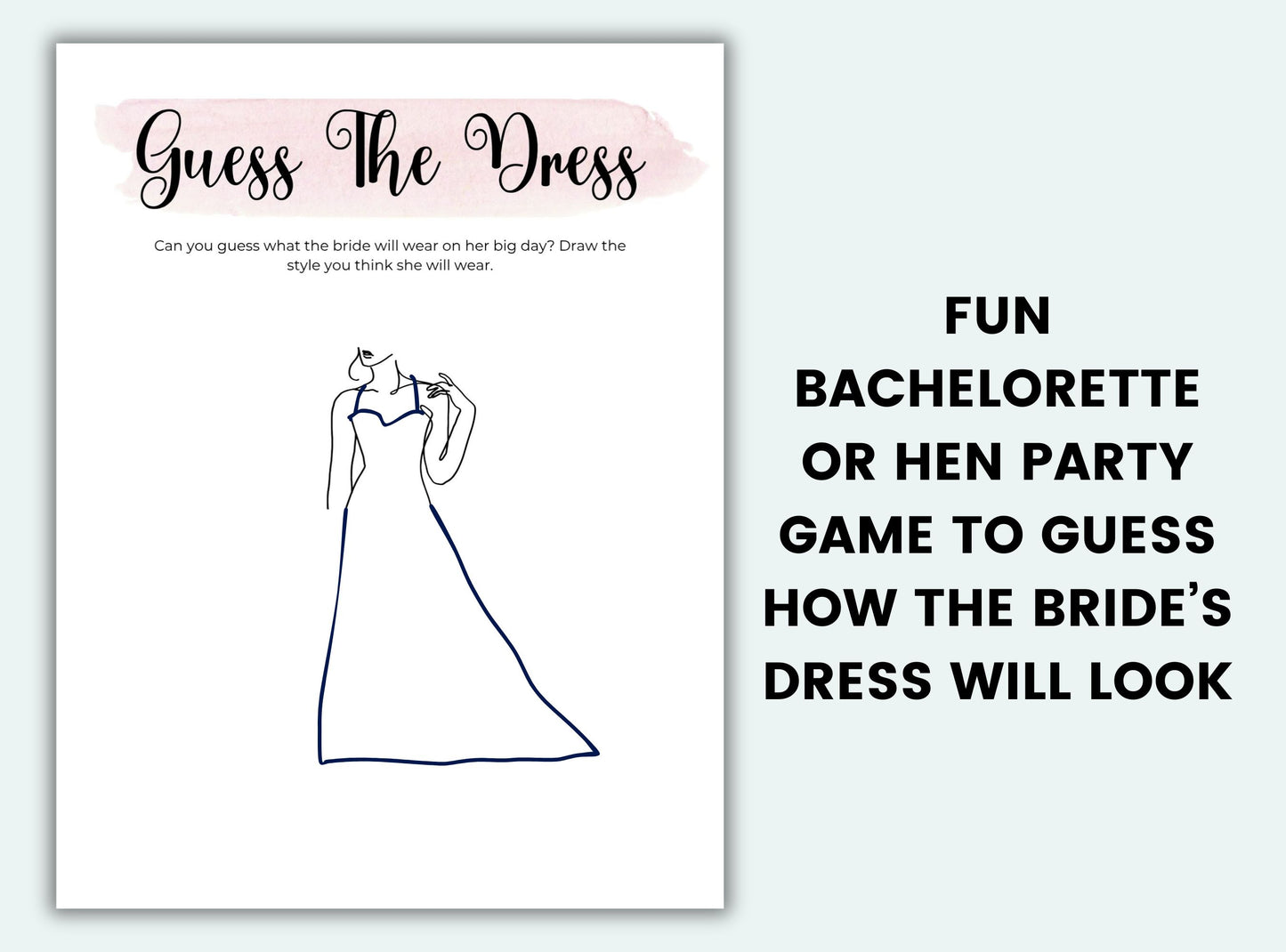 Bachelorette party game card with dress illustration and text on a white background