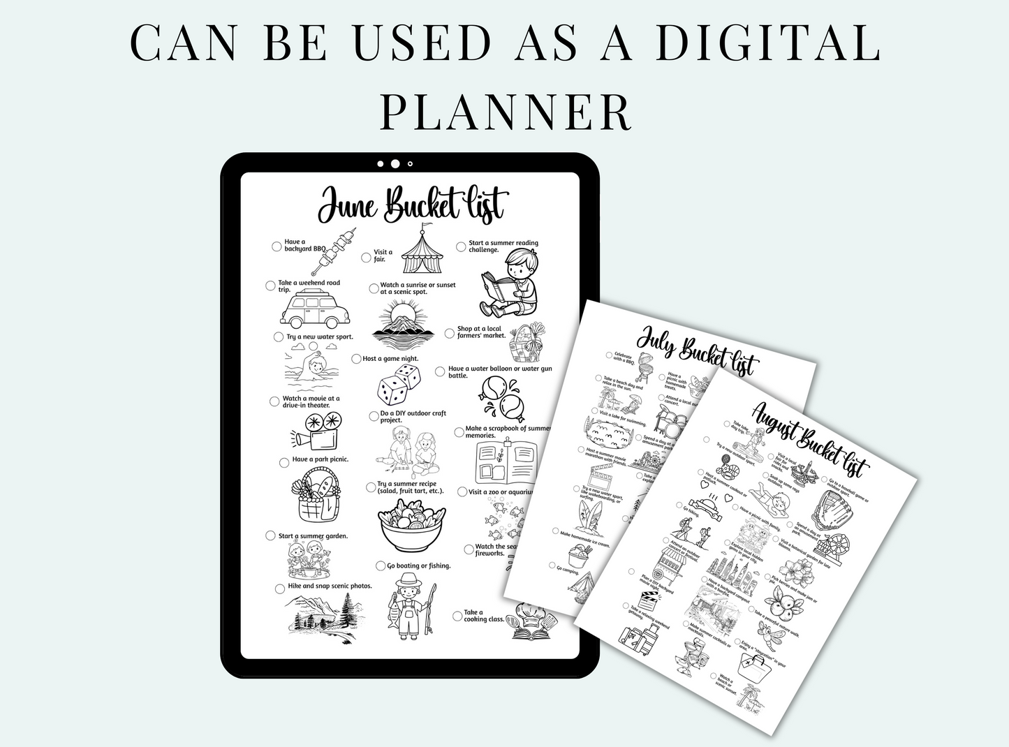 Digital planner with June and July bucket list on a tablet and paper