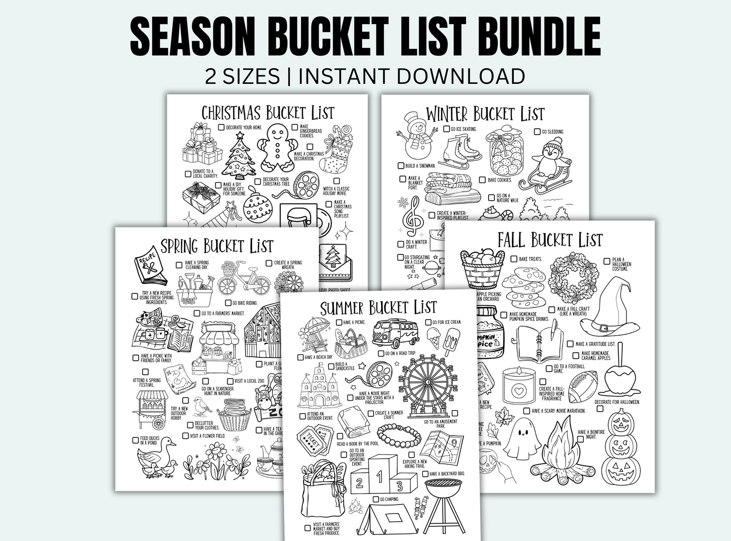 Seasonal bucket list bundle with Christmas, Winter, Spring, Summer, and Fall themes on a white background.