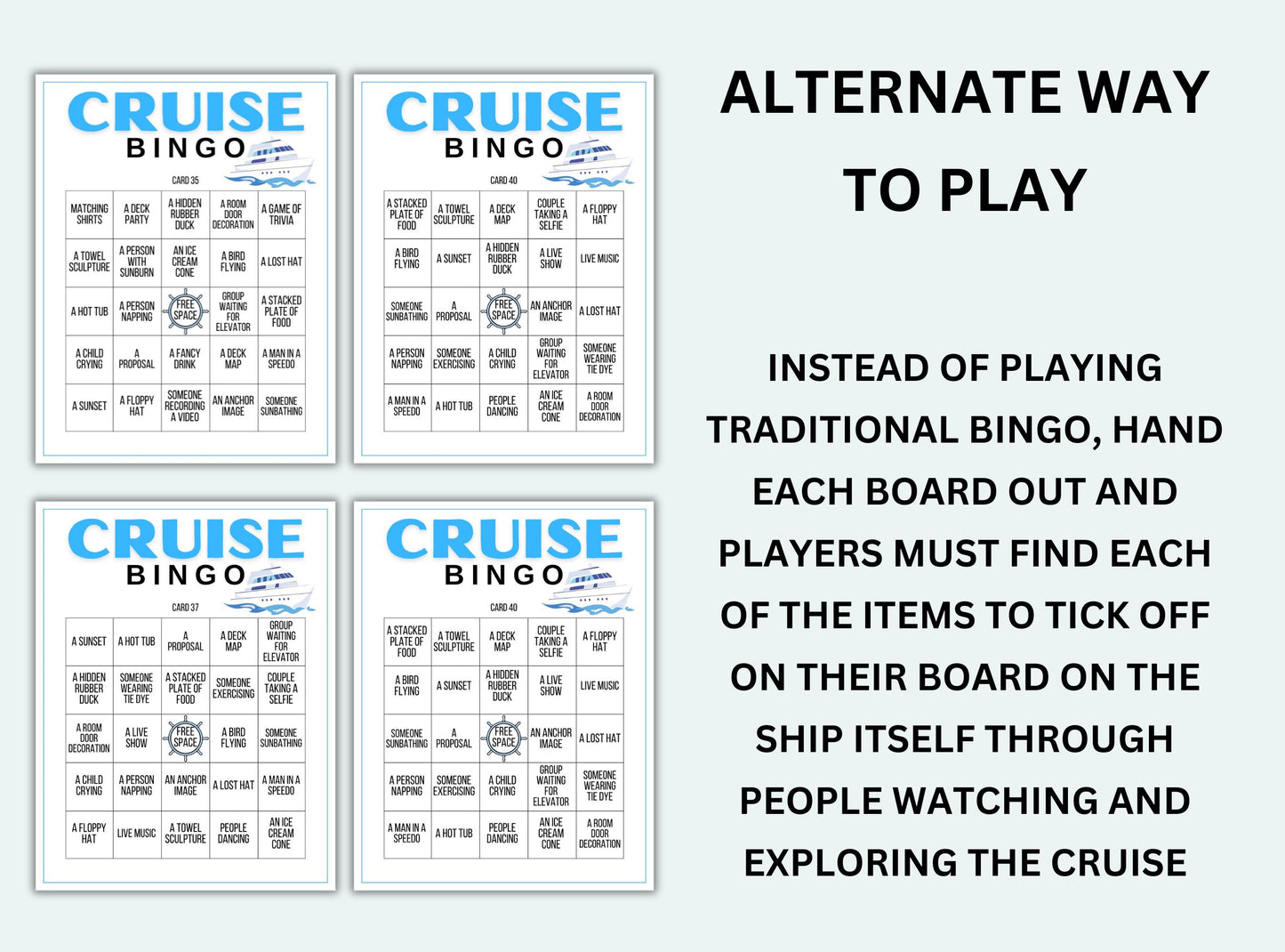 Four Cruise Bingo boards with text explaining an alternate way to play.