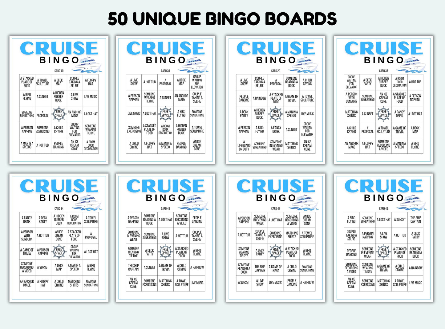 Set of 8 Cruise Bingo boards on a white background