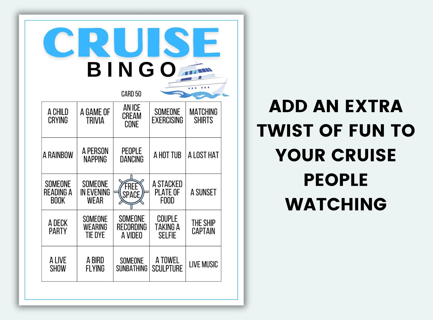 Cruise bingo game sheet with a boat illustration on a white background