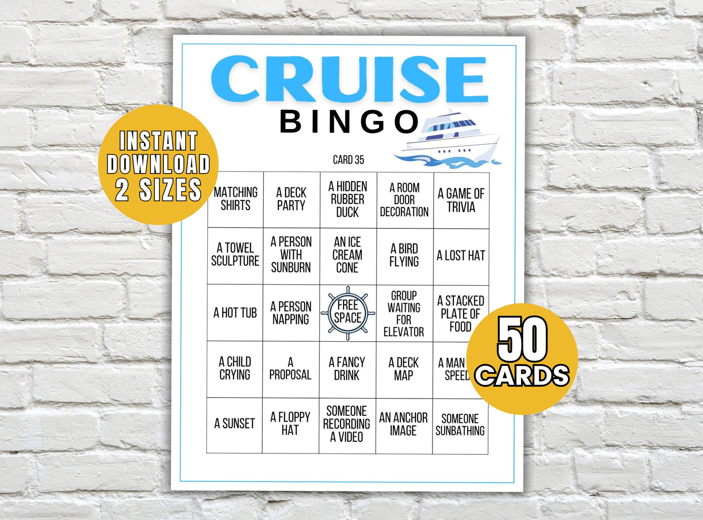 Cruise Bingo card with text on a white brick wall background