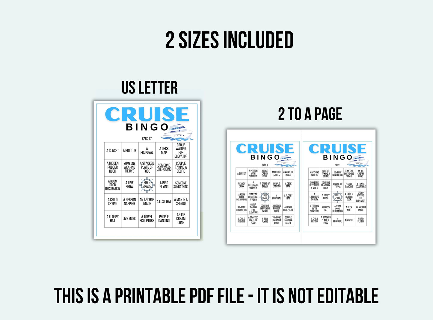 Two cruise bingo sheets with text indicating sizes included and a PDF file nature.