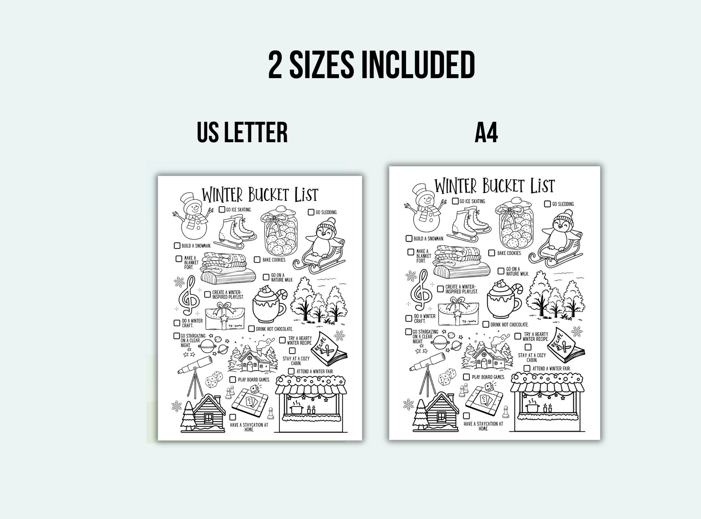Two black and white winter-themed bucket list posters, one US Letter size and one A4 size, on a white background.