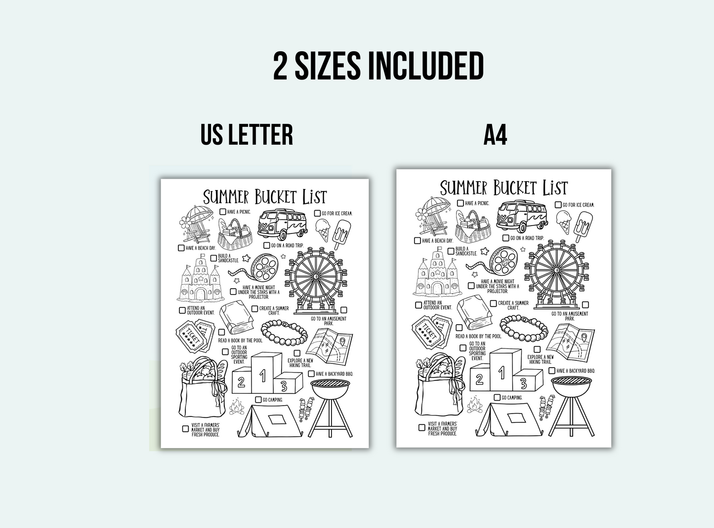 Two black and white 'Summer Bucket List' posters, one US Letter size and one A4 size, on a white background.
