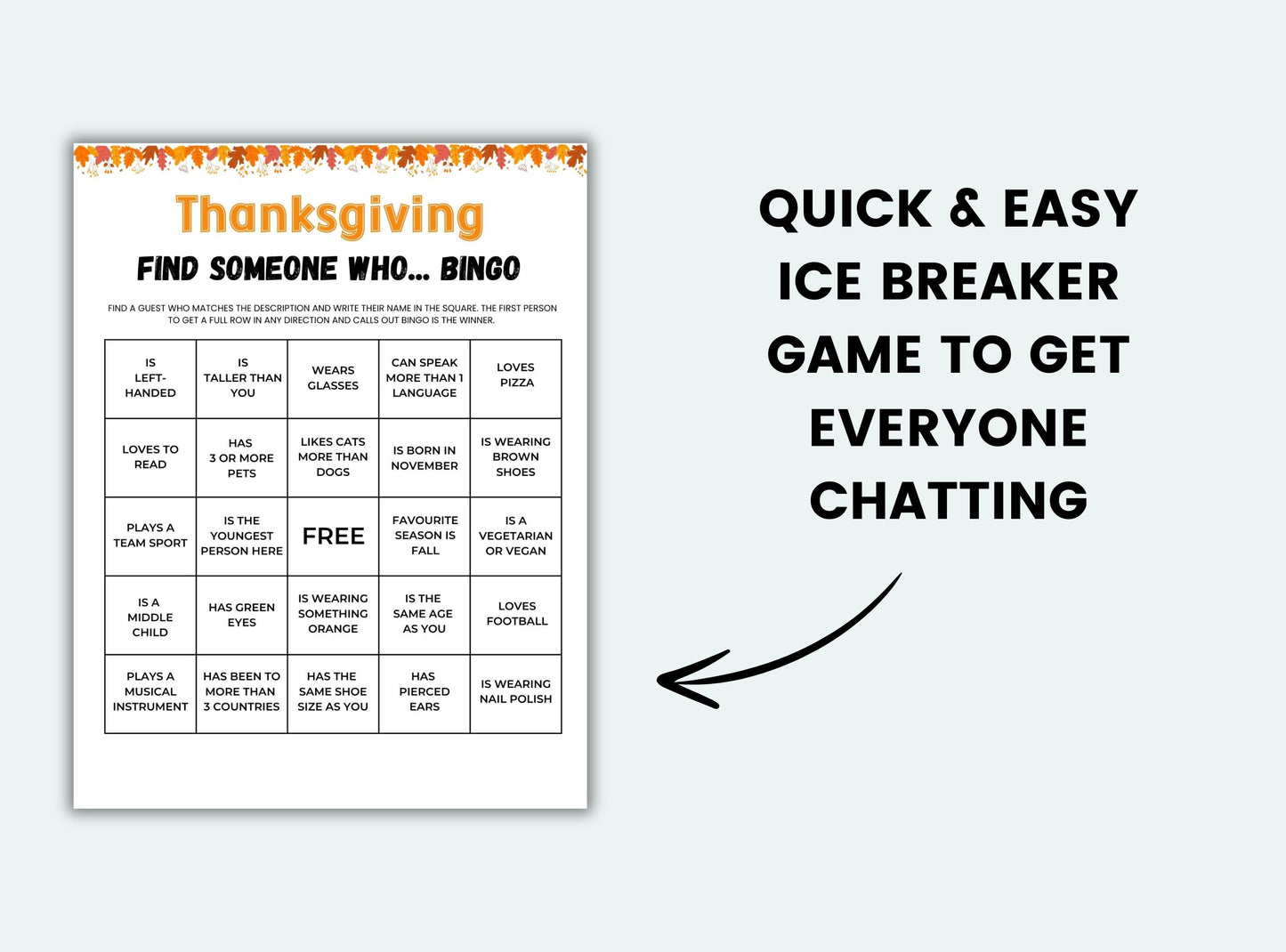 Thanksgiving-themed icebreaker game sheet on a white background