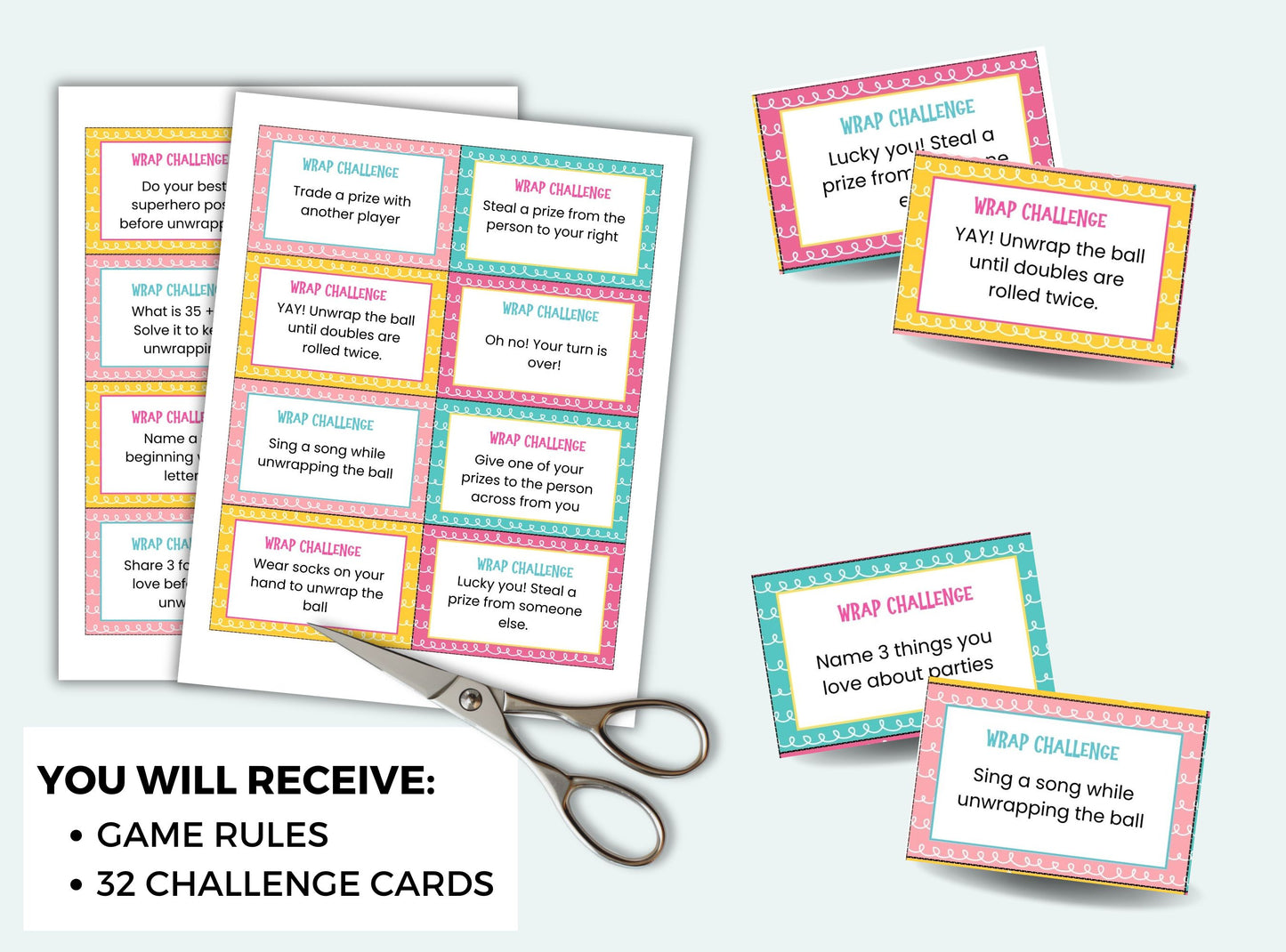 Printable Birthday Plastic Wrap Ball Game Challenge Cards