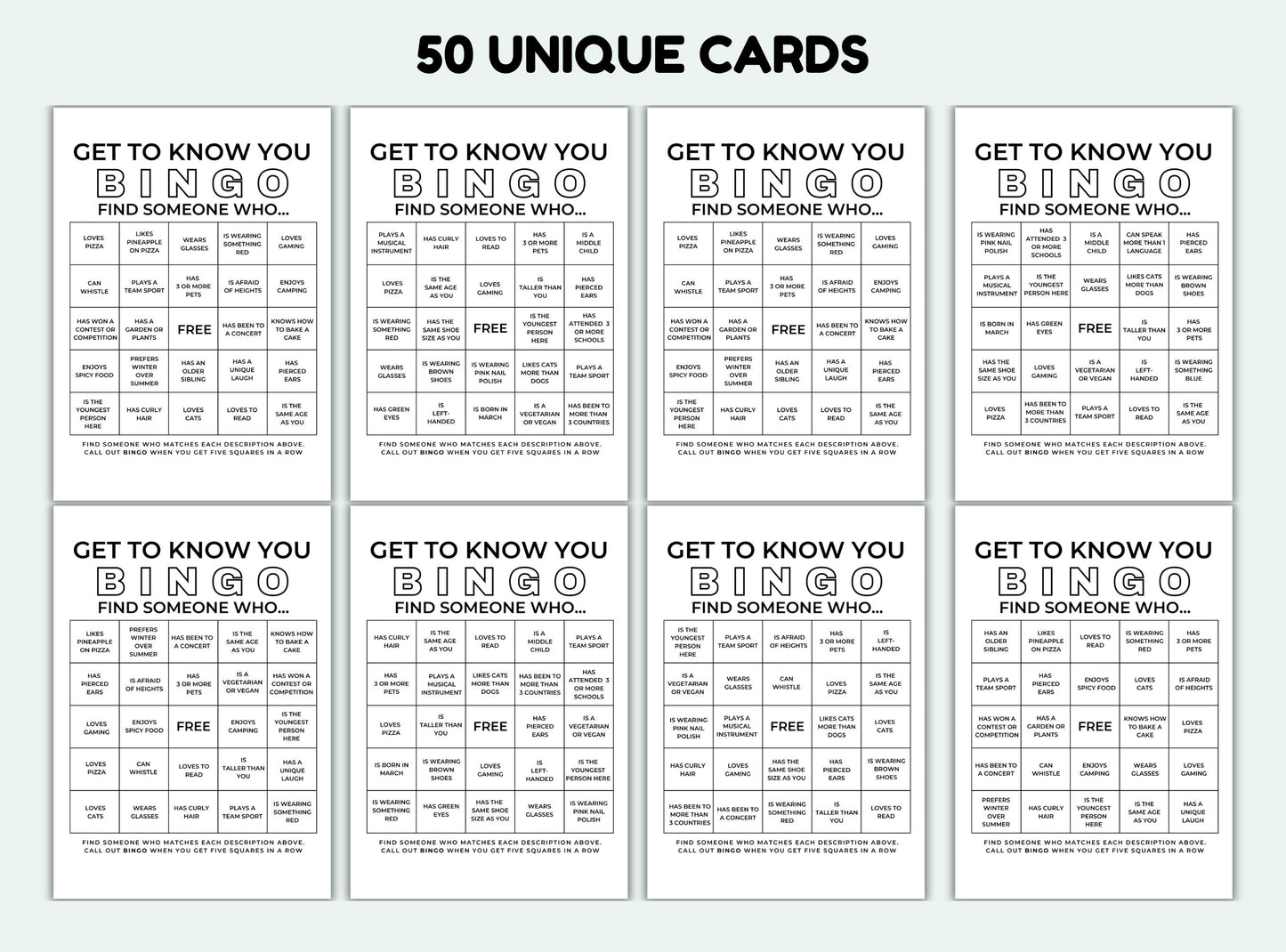 Get To Know You Bingo Cards