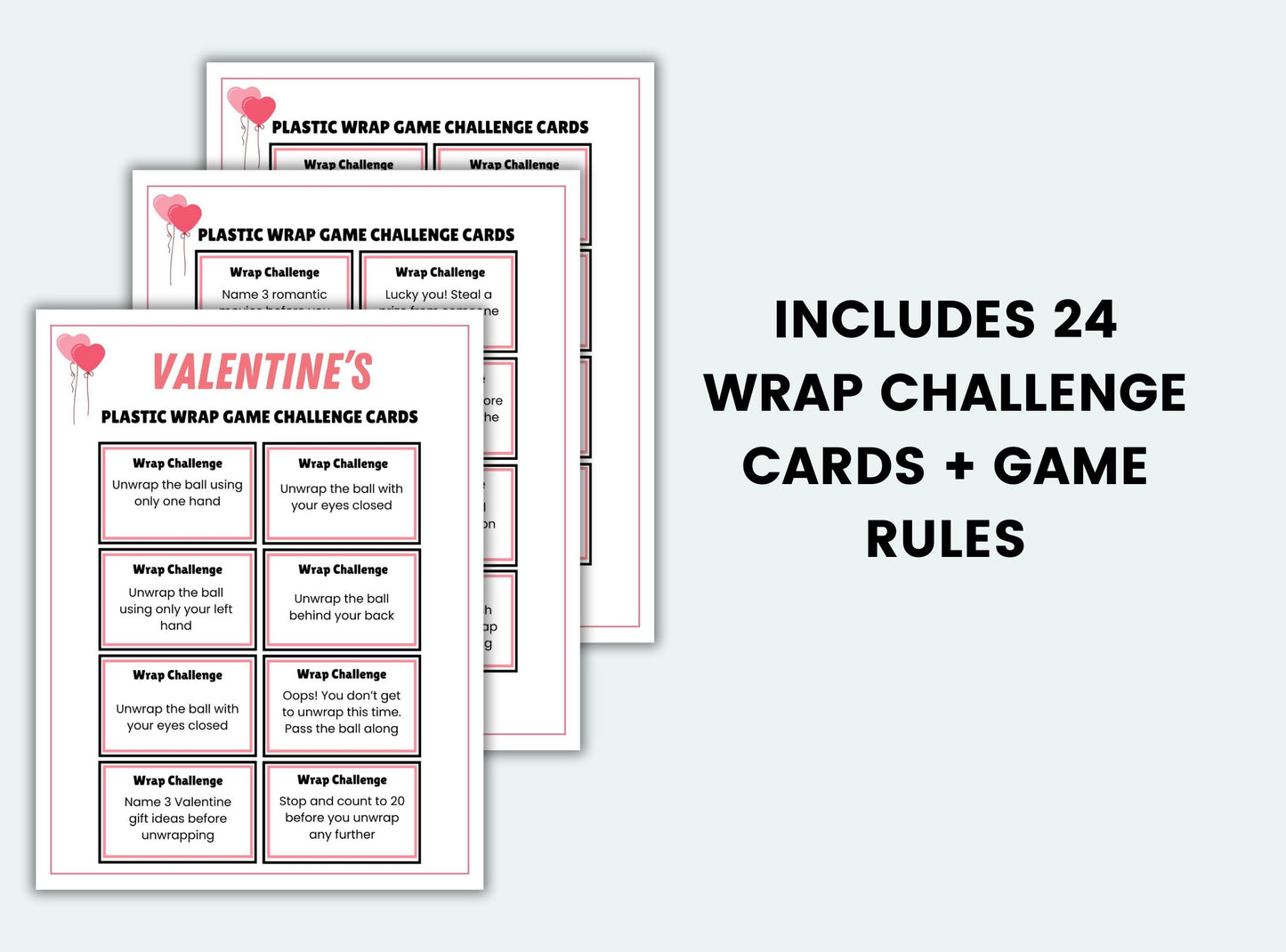 Printable Valentine's Plastic Wrap Ball Game Challenge Cards