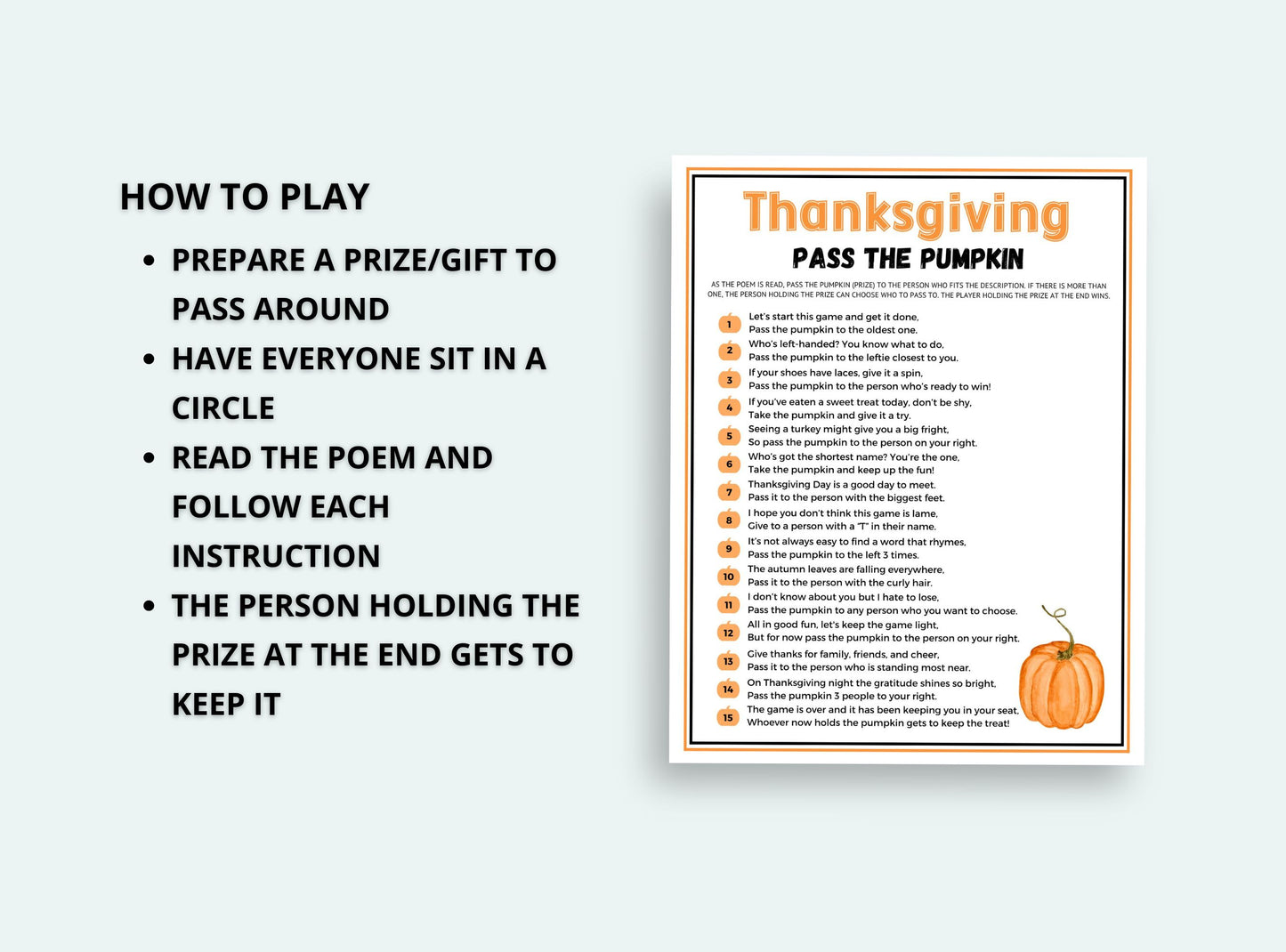Instructions for a Thanksgiving game titled 'Pass the Pumpkin' on a white background.