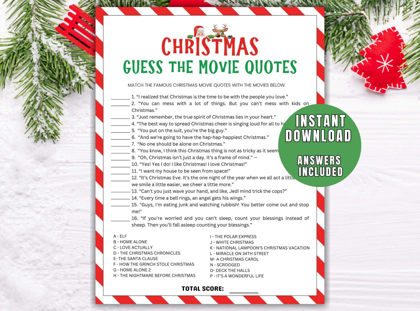Printable Christmas Movie Quote Trivia Game