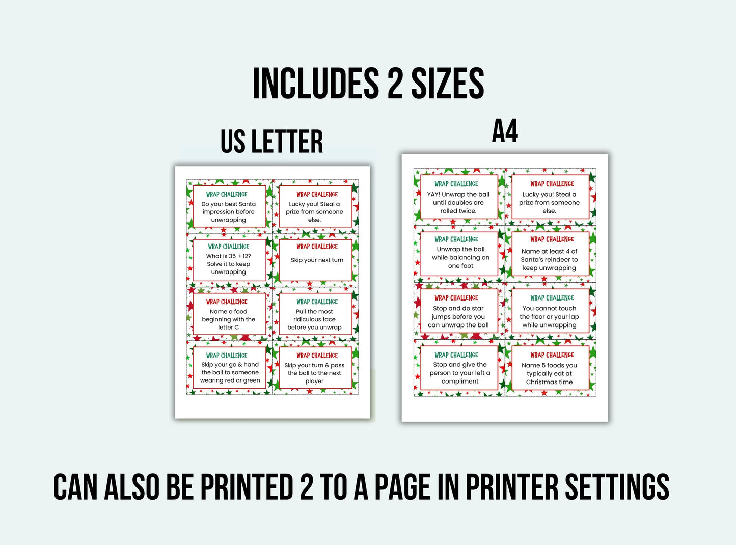 Printable Christmas Plastic Wrap Ball Game Challenge Cards