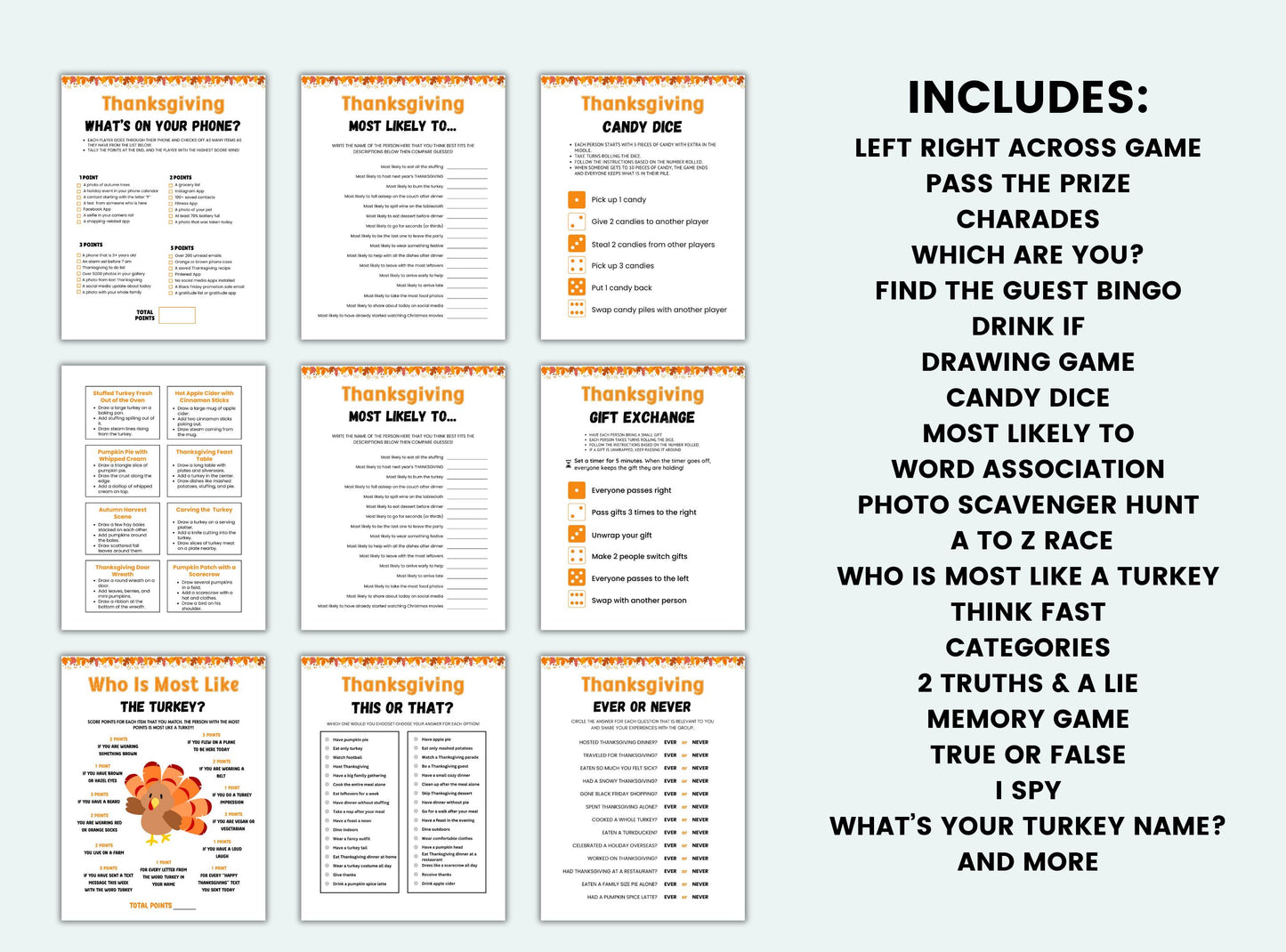 Set of Thanksgiving-themed game cards with text on a light blue background