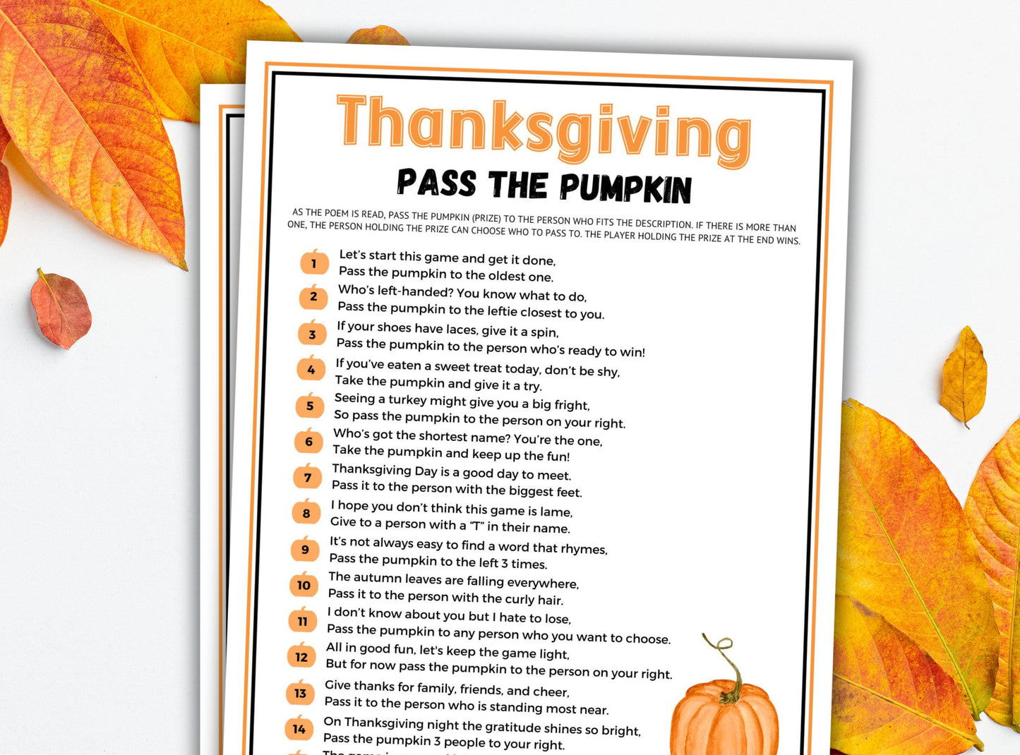 Thanksgiving game sheet titled 'Pass the Pumpkin' with autumn leaves on a white background