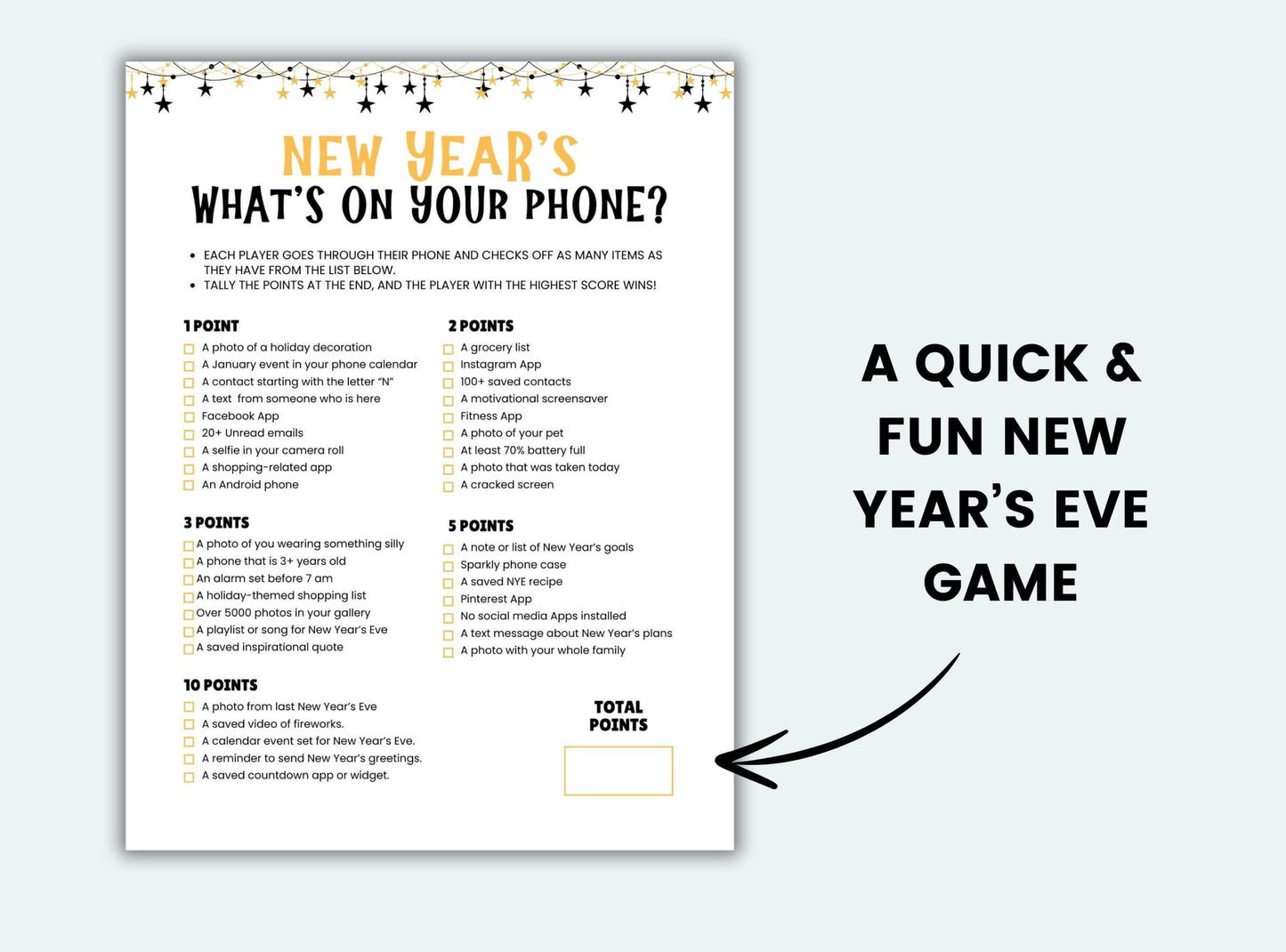 Printable New Years What's On Your Phone Game