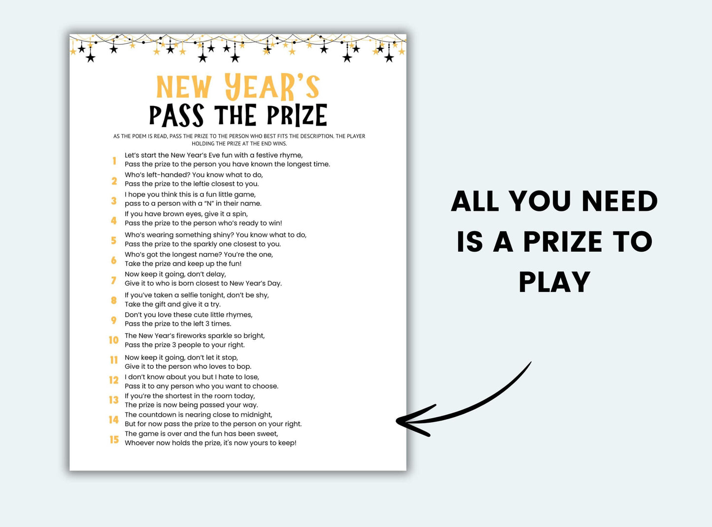 Printable New Year's Pass The Prize Game