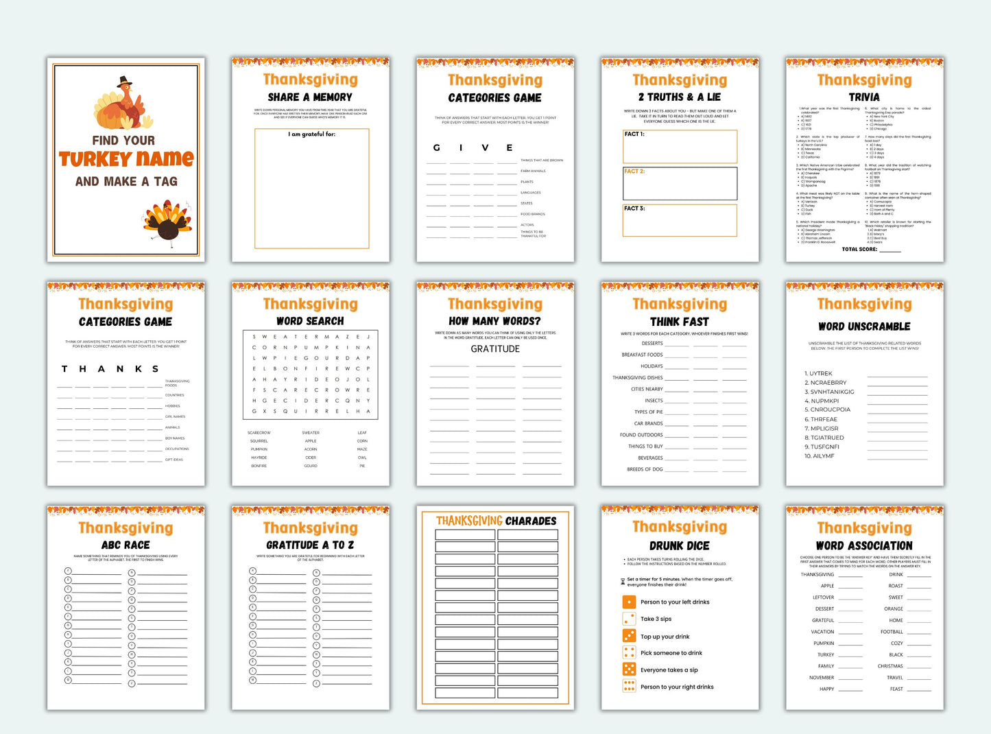 Collection of Thanksgiving-themed games and activities on a white background