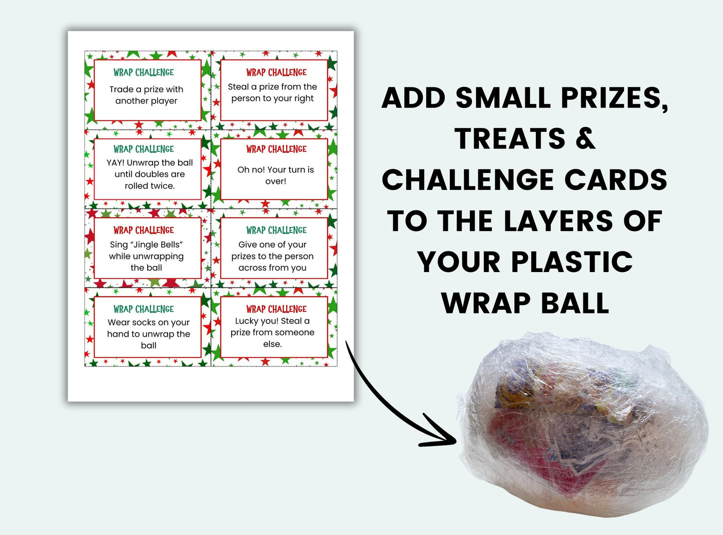 Printable Christmas Plastic Wrap Ball Game Challenge Cards