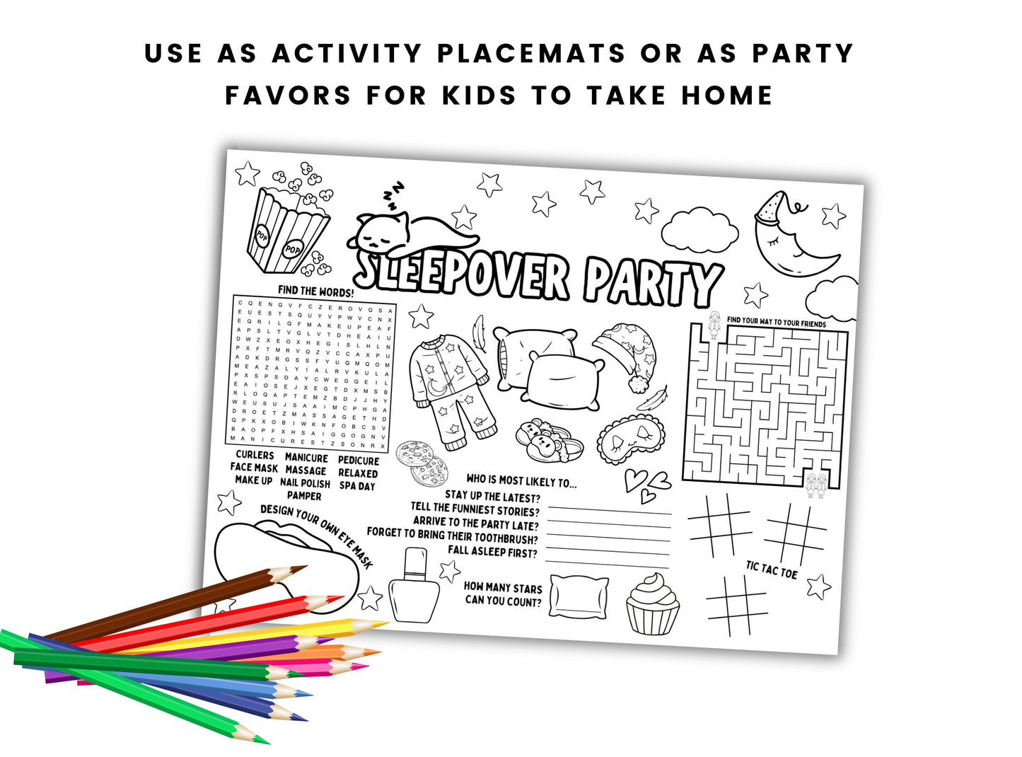 Sleepover Party Activity Placemats