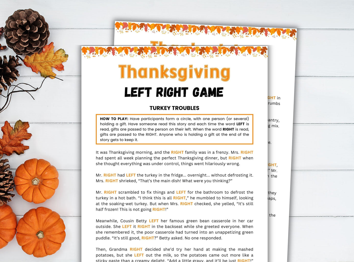 Thanksgiving-themed game sheet with pumpkins, pinecones, and leaves on a white background