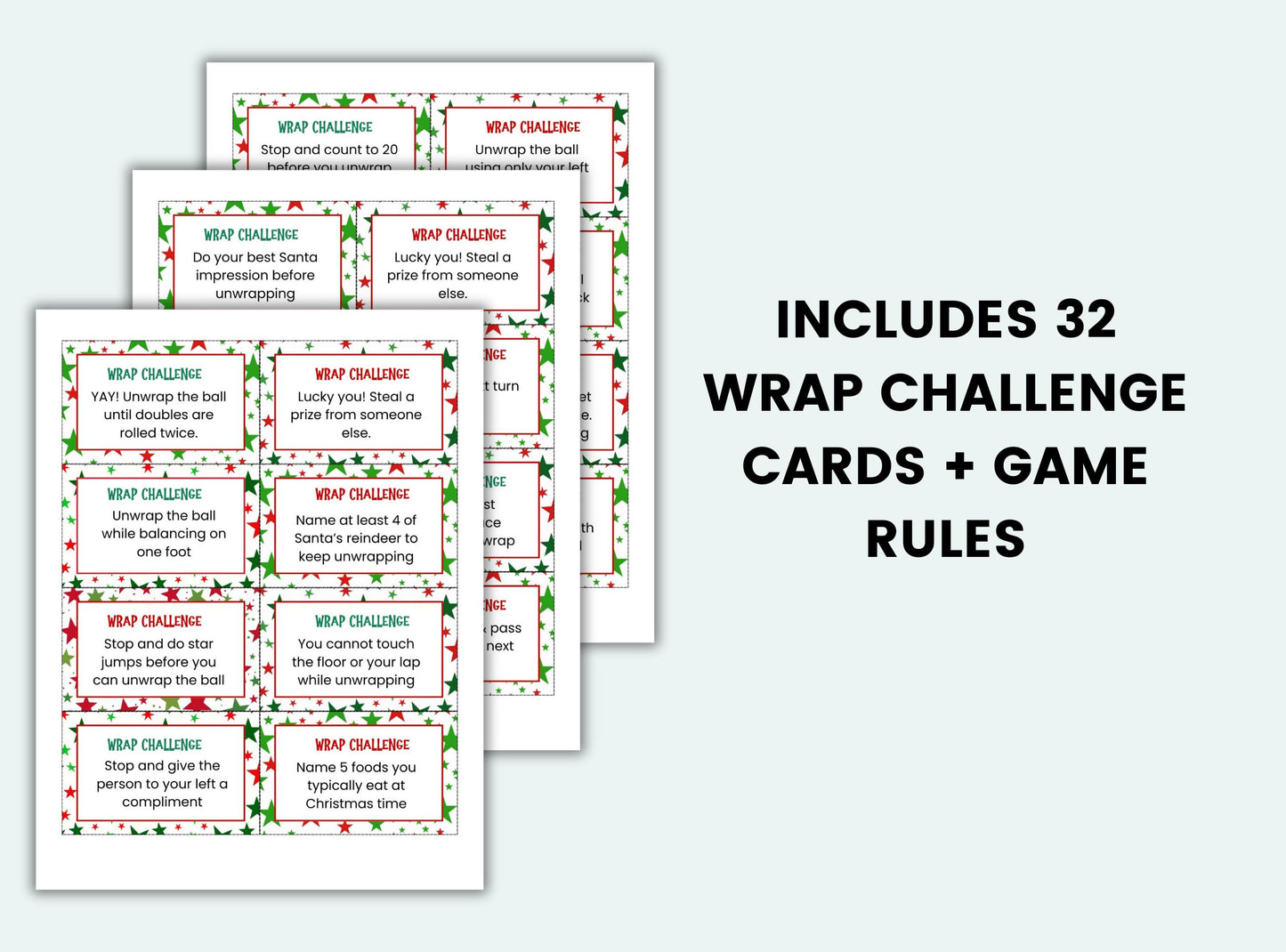 Printable Christmas Plastic Wrap Ball Game Challenge Cards