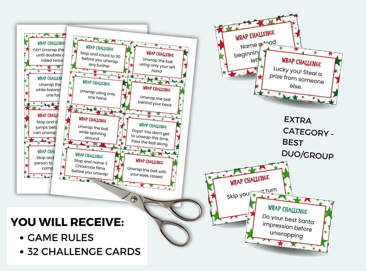 Printable Christmas Plastic Wrap Ball Game Challenge Cards