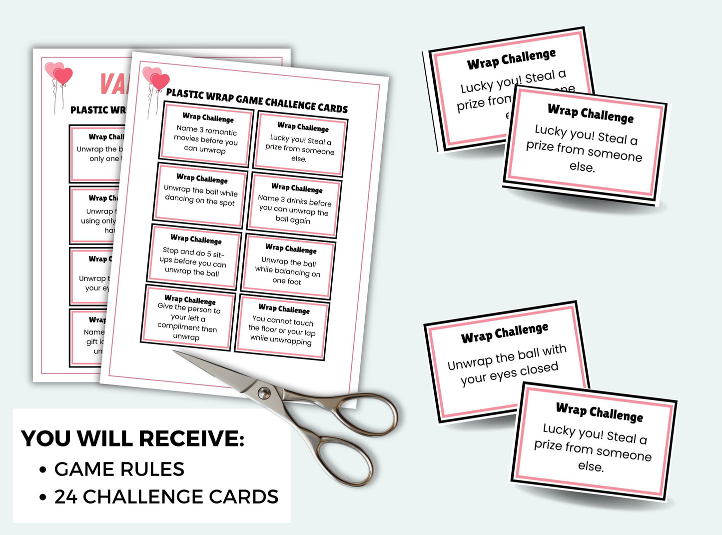 Printable Valentine's Plastic Wrap Ball Game Challenge Cards