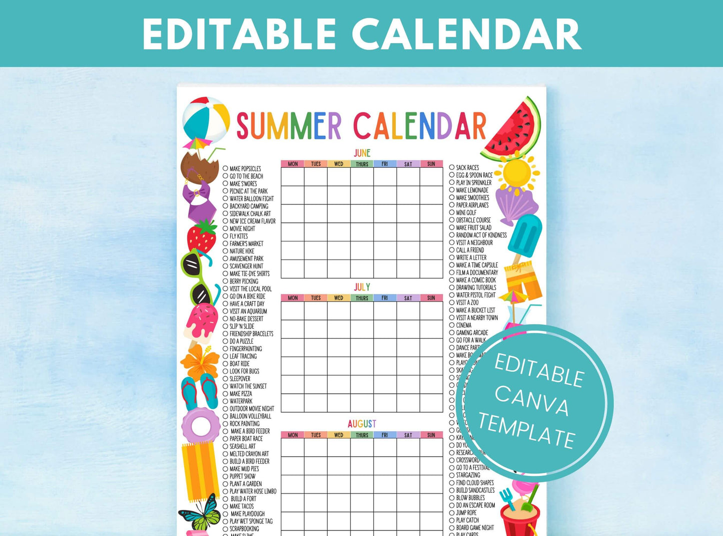 Printable Summer Wall Calendar