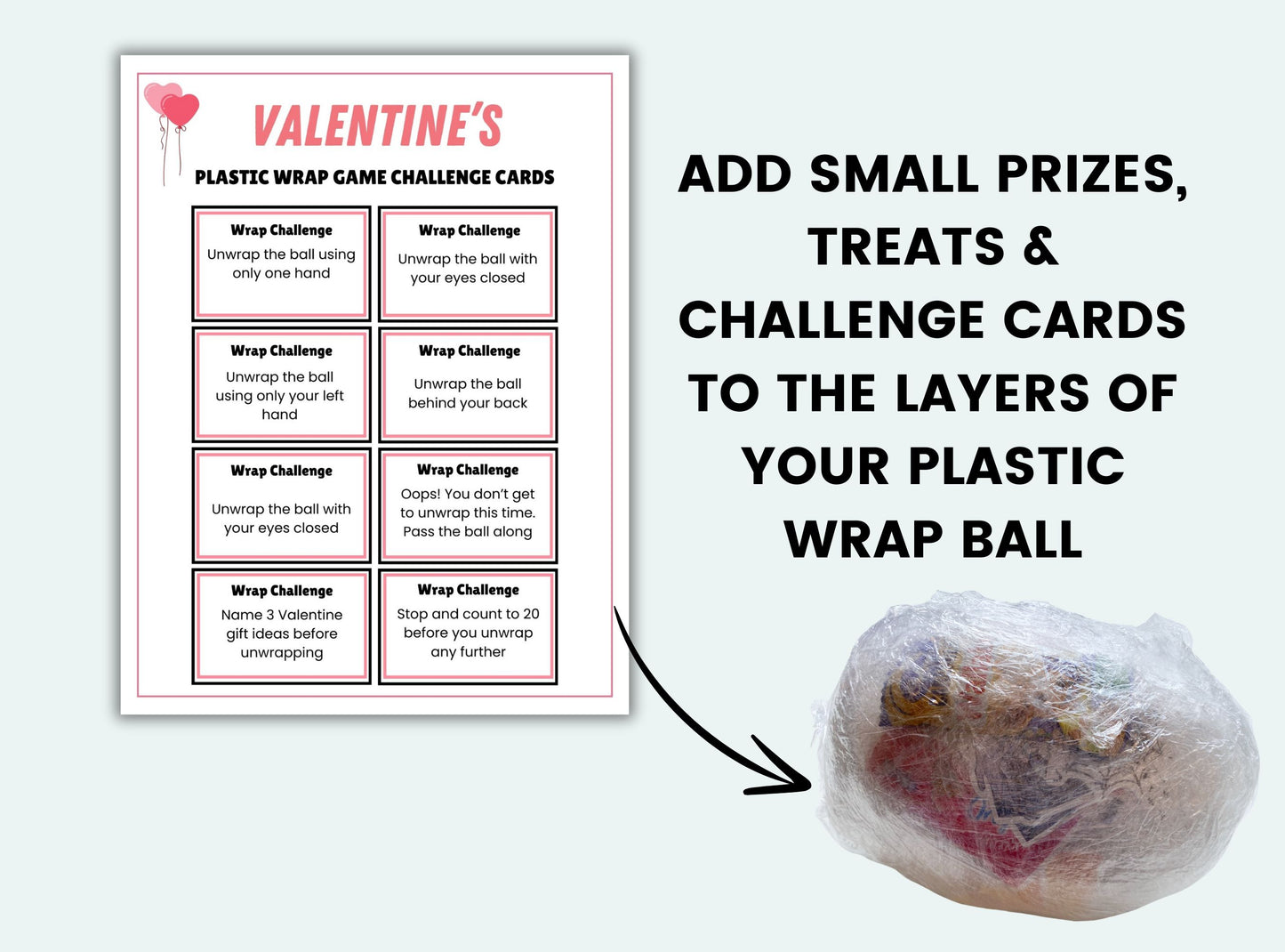 Printable Valentine's Plastic Wrap Ball Game Challenge Cards
