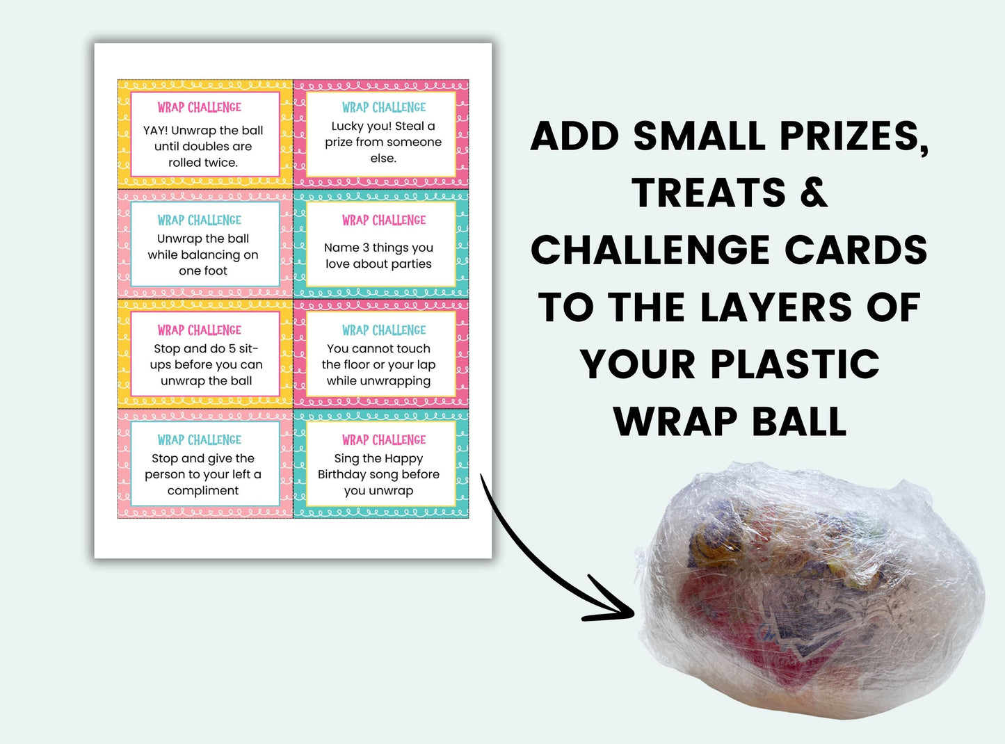 Printable Birthday Plastic Wrap Ball Game Challenge Cards