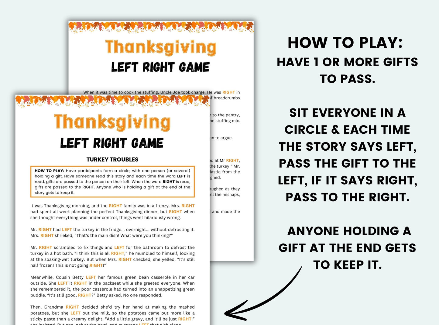 Thanksgiving Left Right Game instructions with text and graphics on a white background