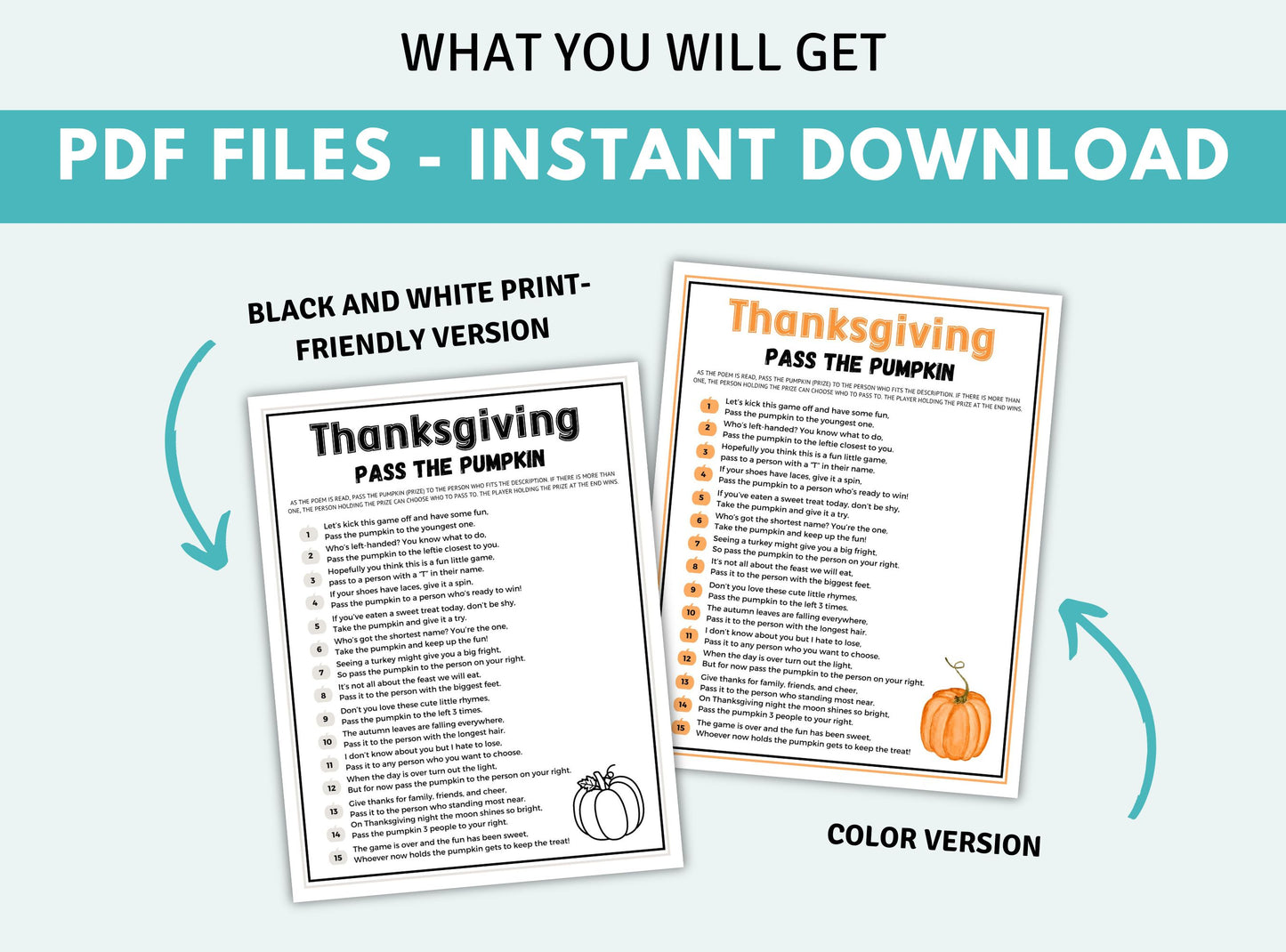 Two Thanksgiving-themed PDF files for instant download on a light blue background.