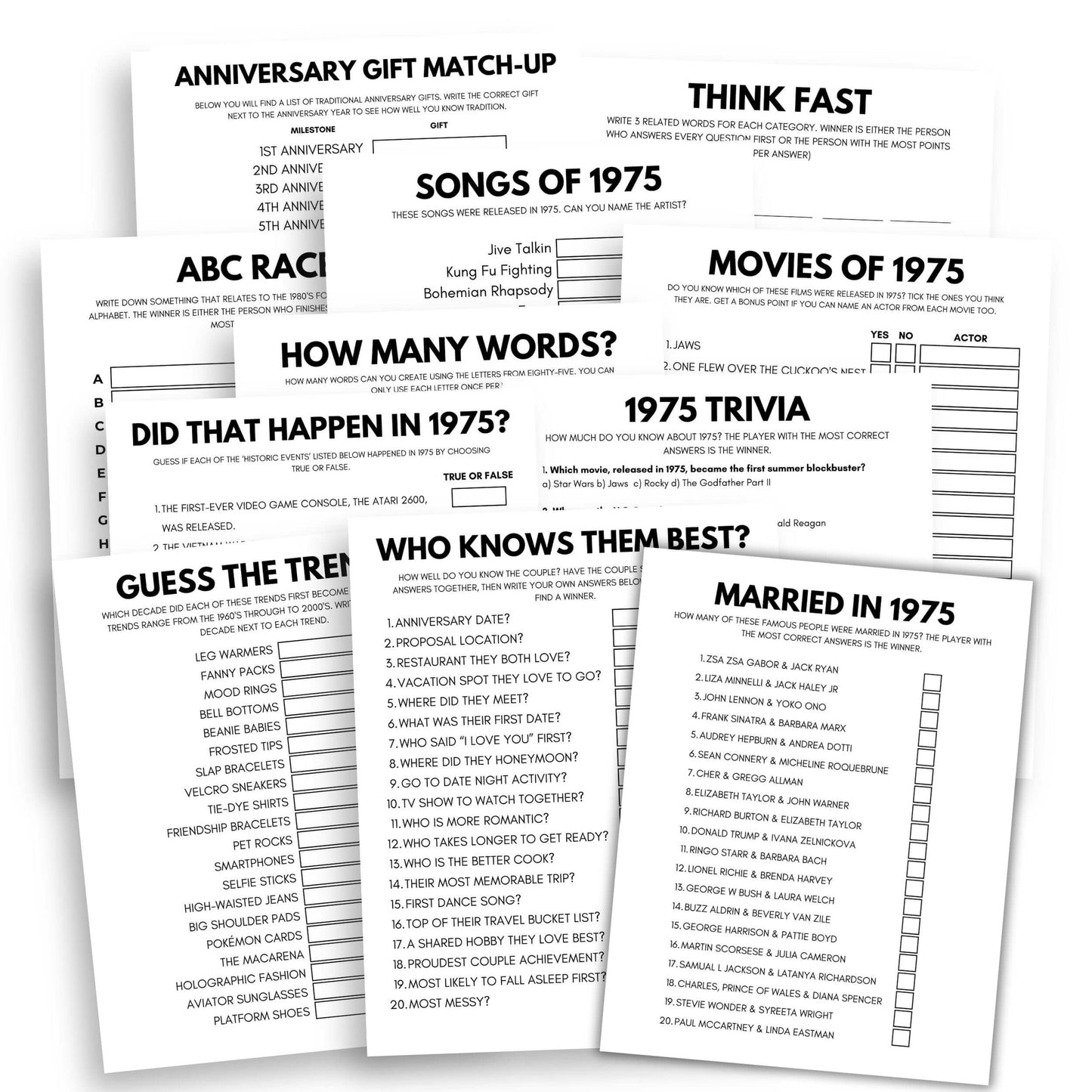 Printable Married In 1975 Party Game Bundle