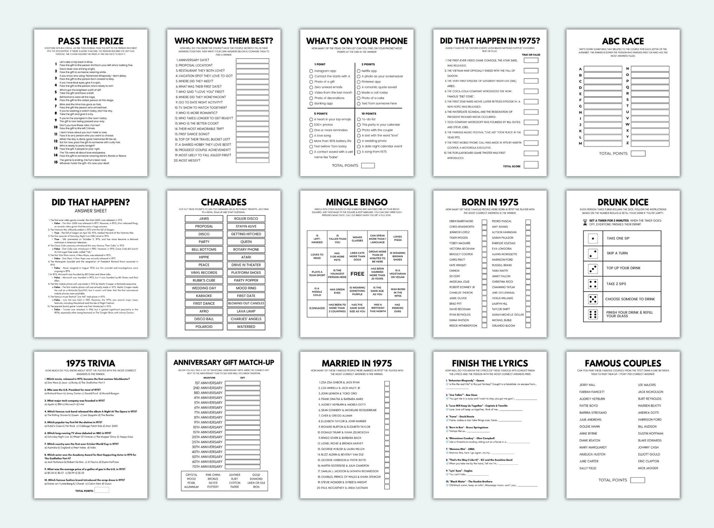 Printable Married In 1975 Party Game Bundle
