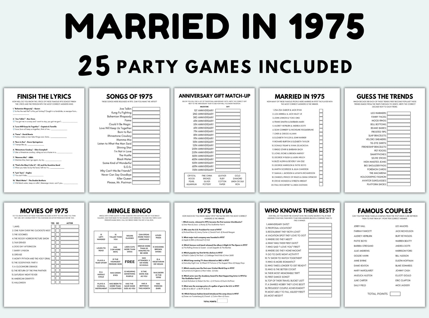 Printable Married In 1975 Party Game Bundle