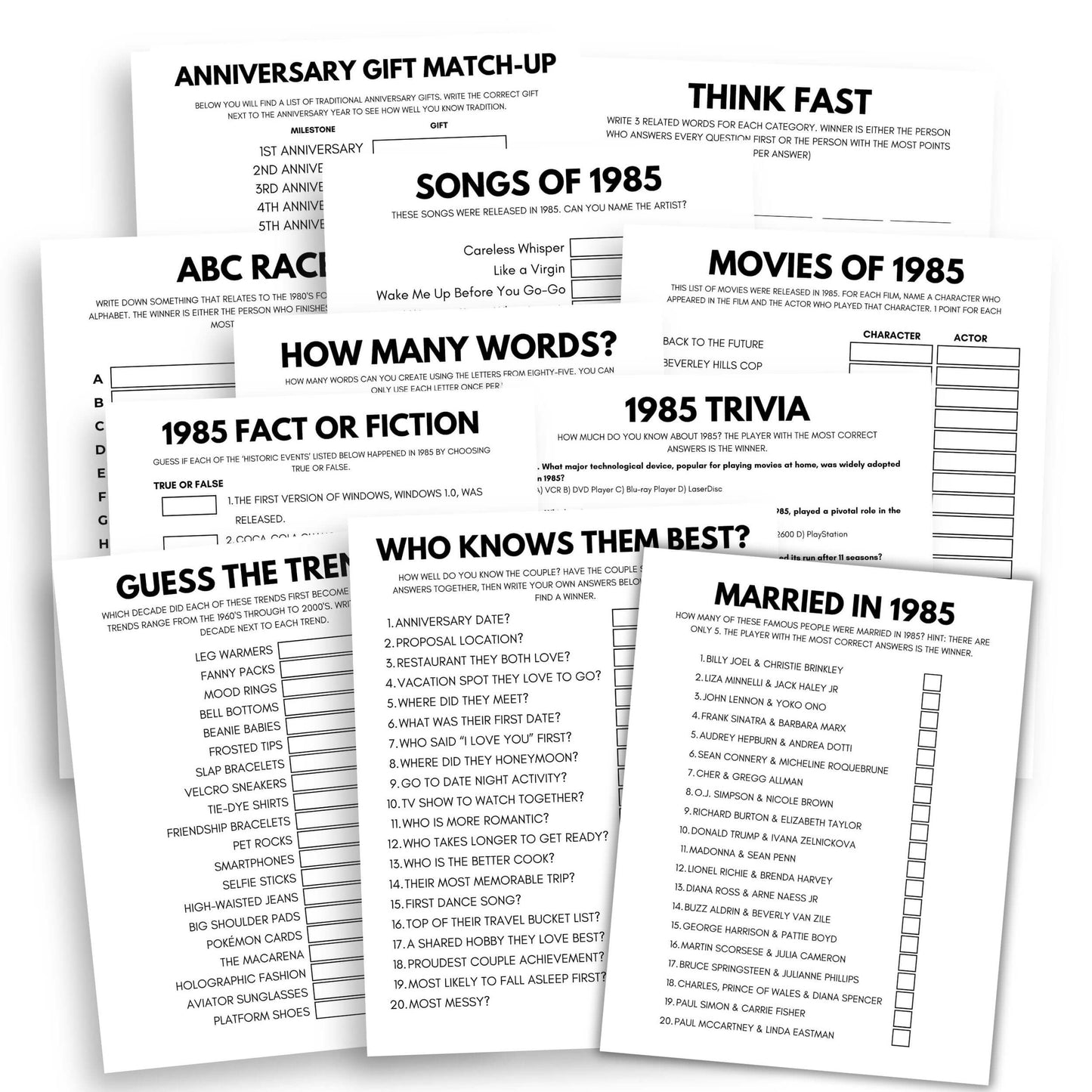 Printable Married In 1985 Party Game Bundle