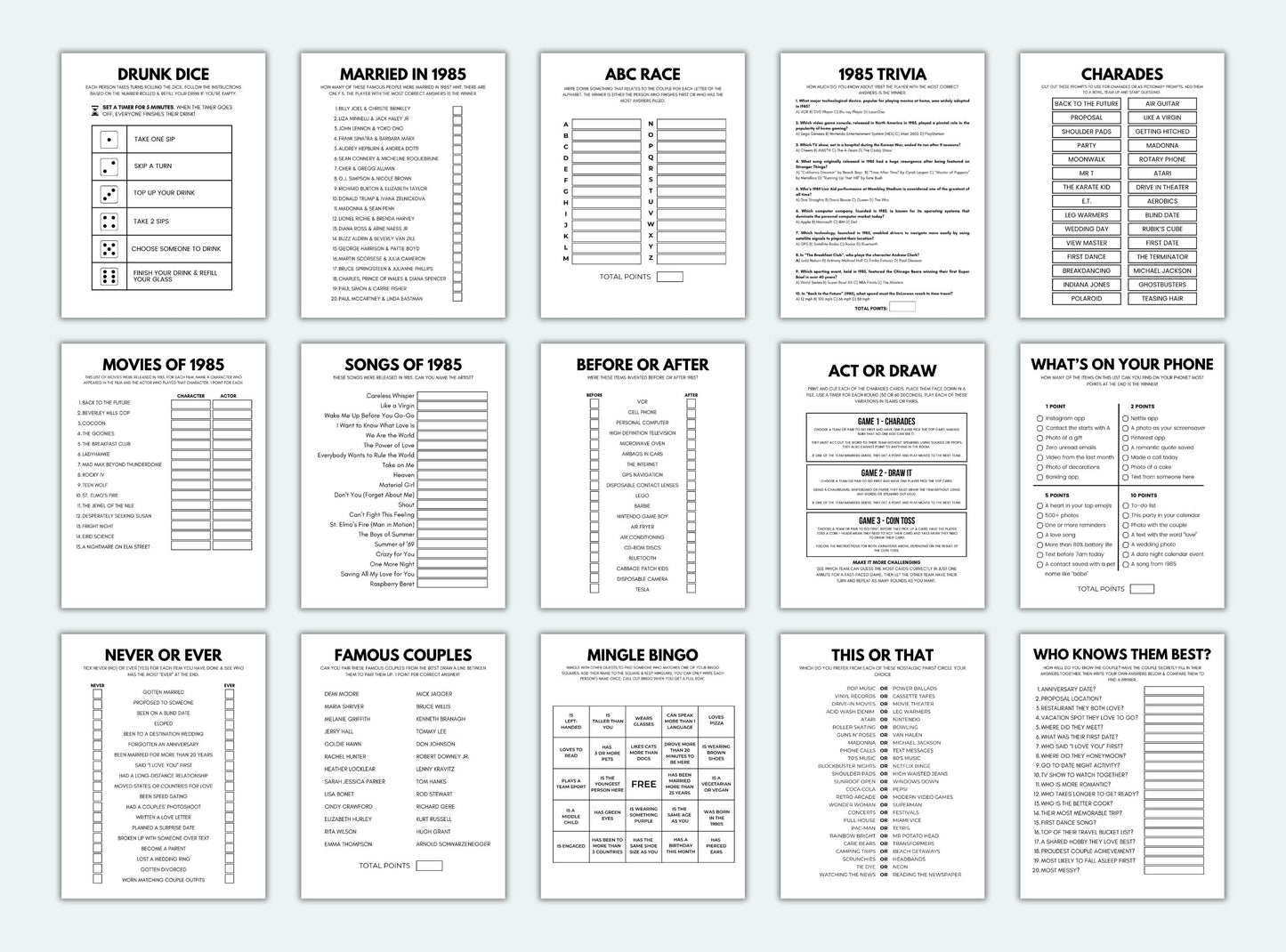 Printable Married In 1985 Party Game Bundle