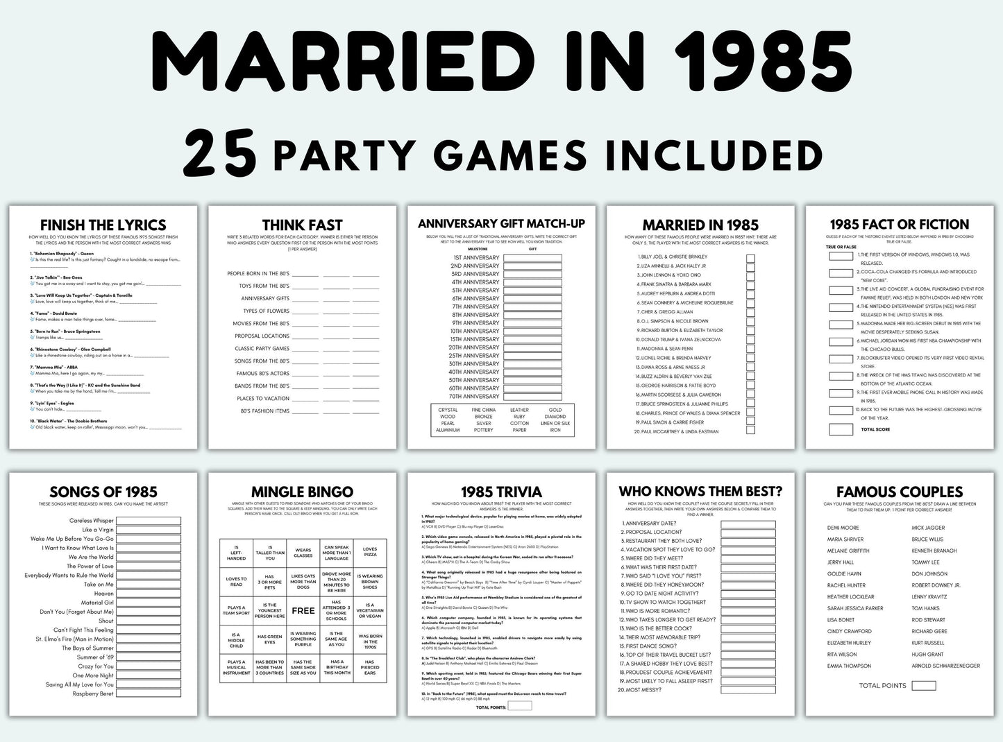 Printable Married In 1985 Party Game Bundle