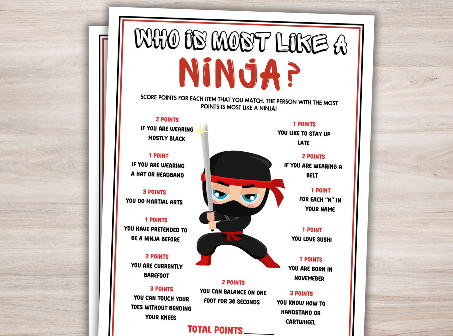 Ninja-themed questionnaire for a children's party on a wooden surface