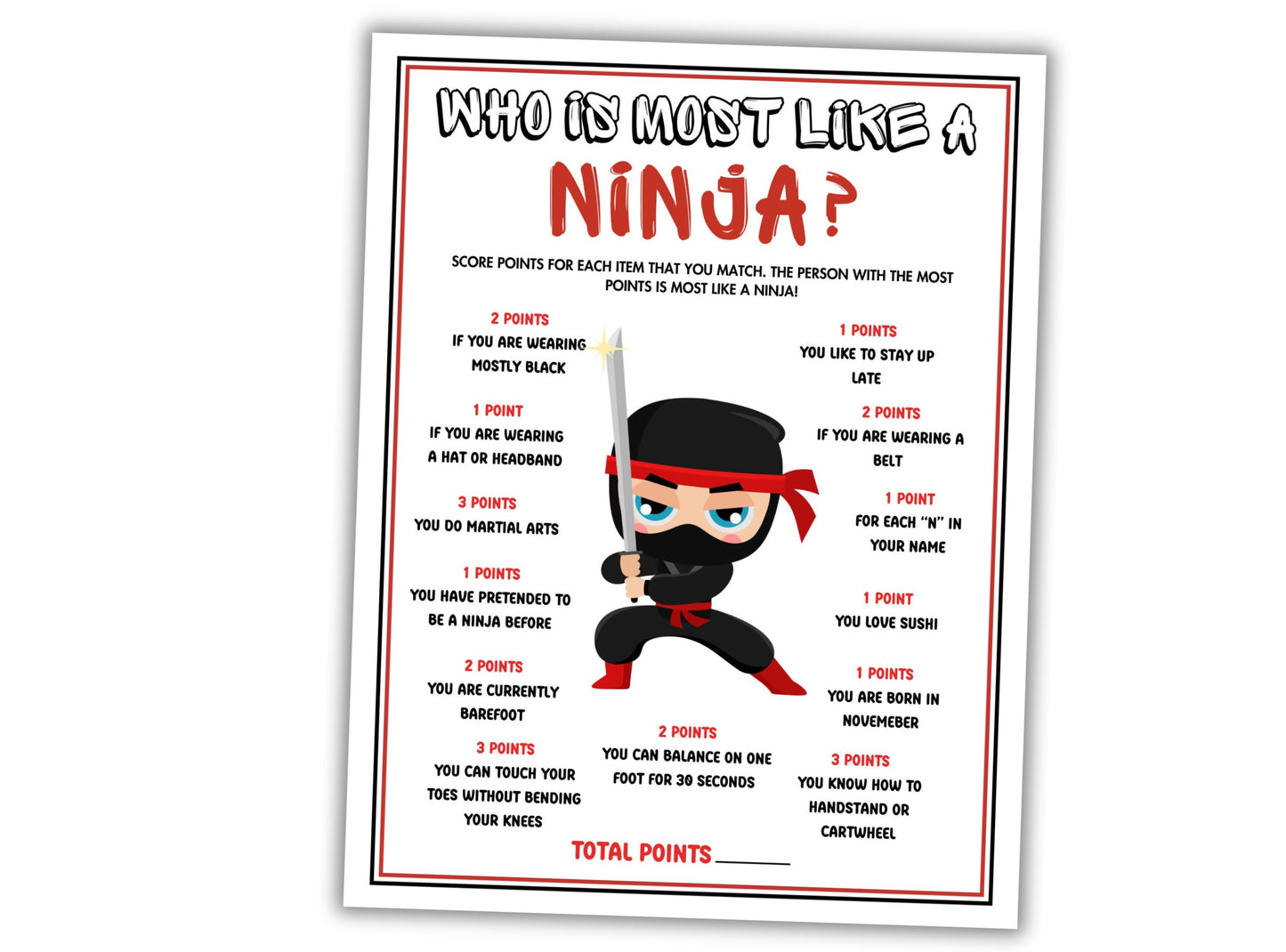 Ninja-themed questionnaire for determining who is most like a ninja on a white background