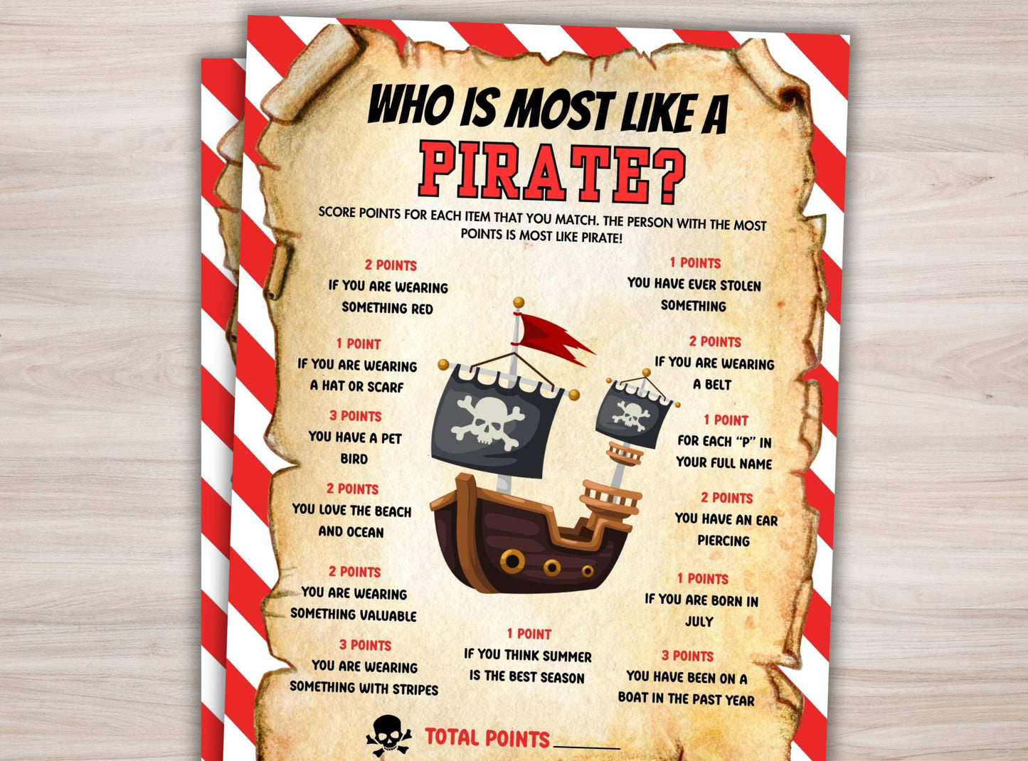 Pirate-themed game sheet with questions and scoring system on a wooden background