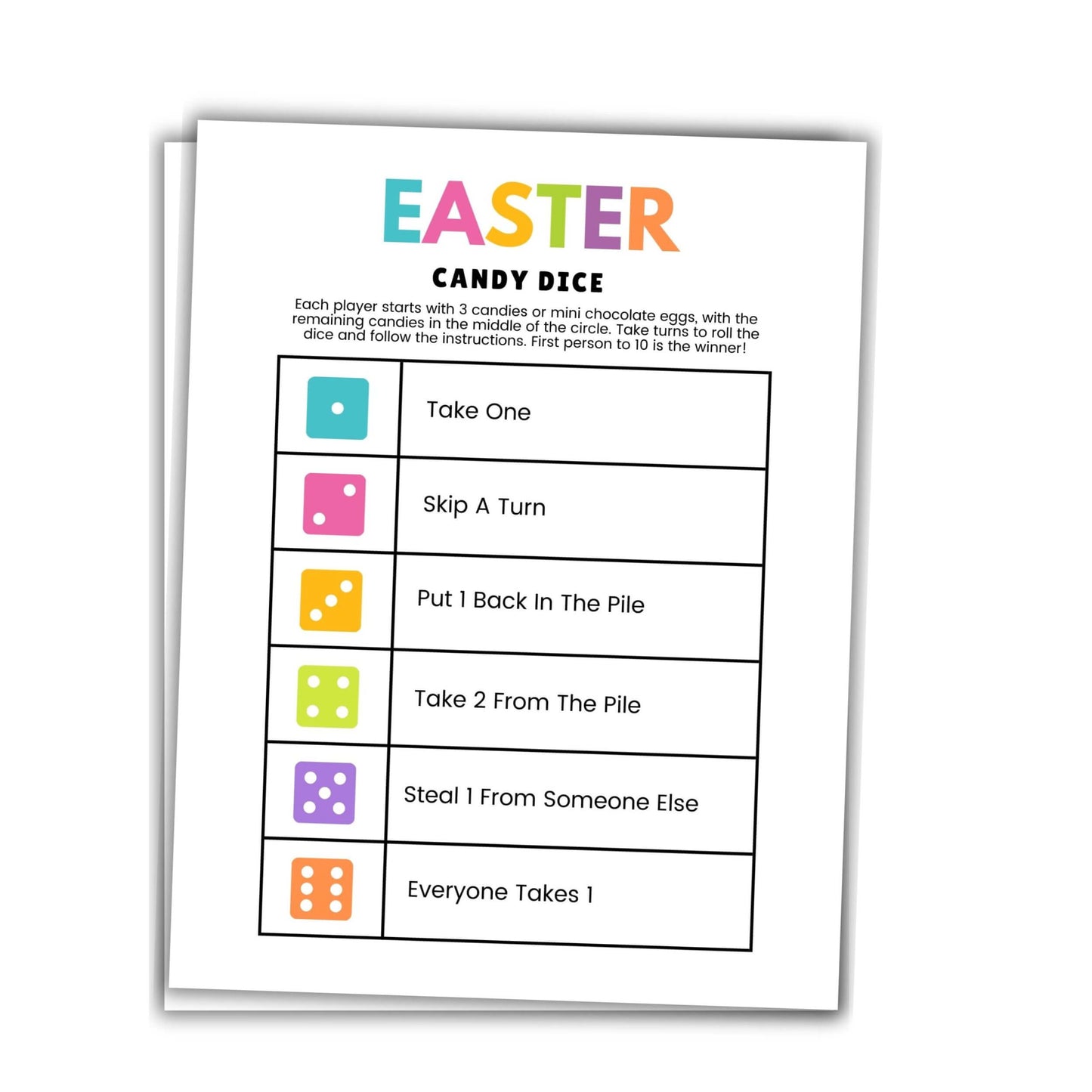 printable easter candy dice game.
