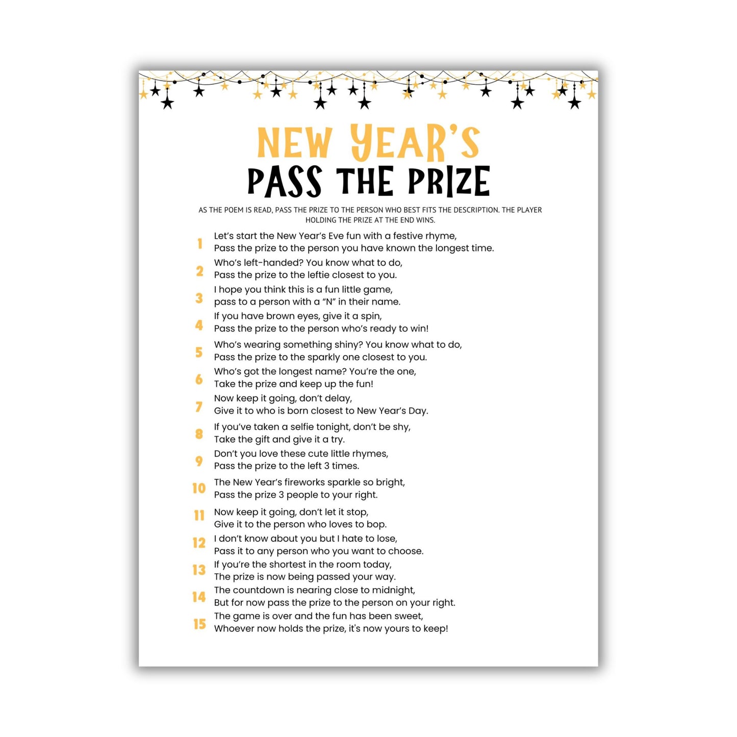 Printable New Year's Pass The Prize Game