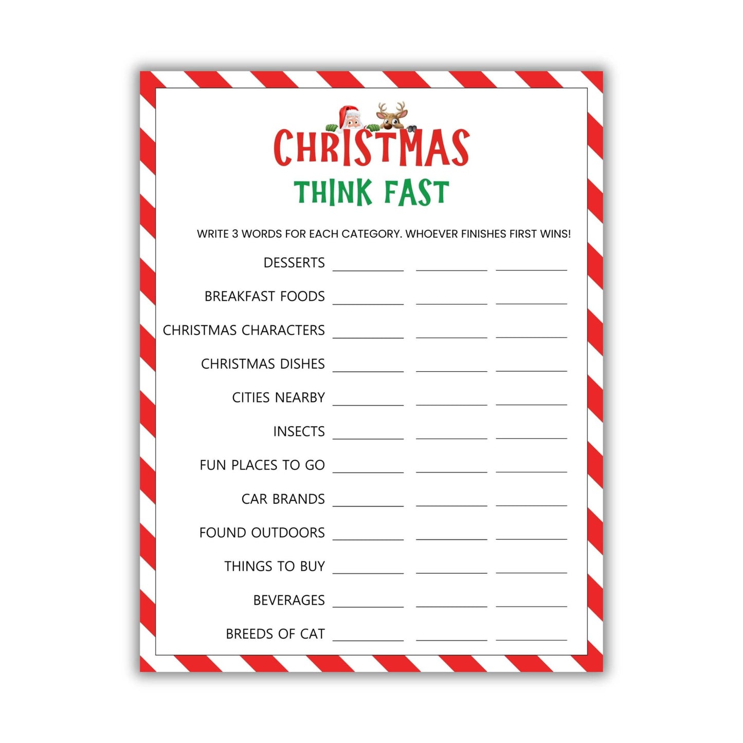 Printable Christmas Think Fast Game