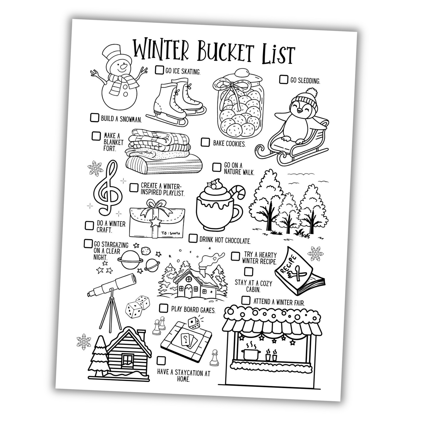 Winter bucket list with various winter activities on a white background